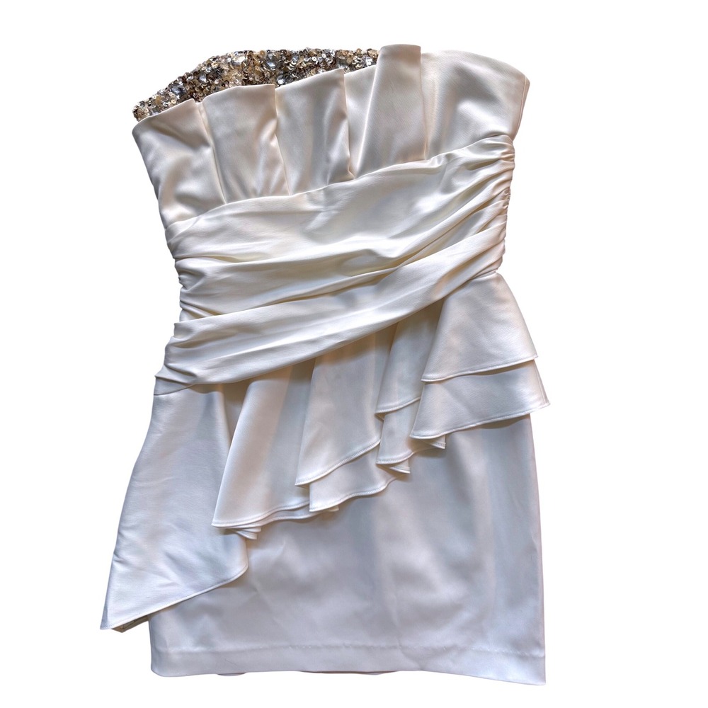 Laundry by Shelli Segal Cream Satin Strapless Sequin Ruffle Mini Dress Size 4 - Picture 5 of 8